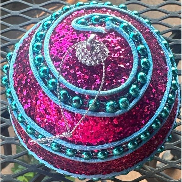 Lot of 3 Styrofoam Ball-Shaped Ornaments Teal Blue and Pink Sequins & Beads 4" - Picture 7 of 11